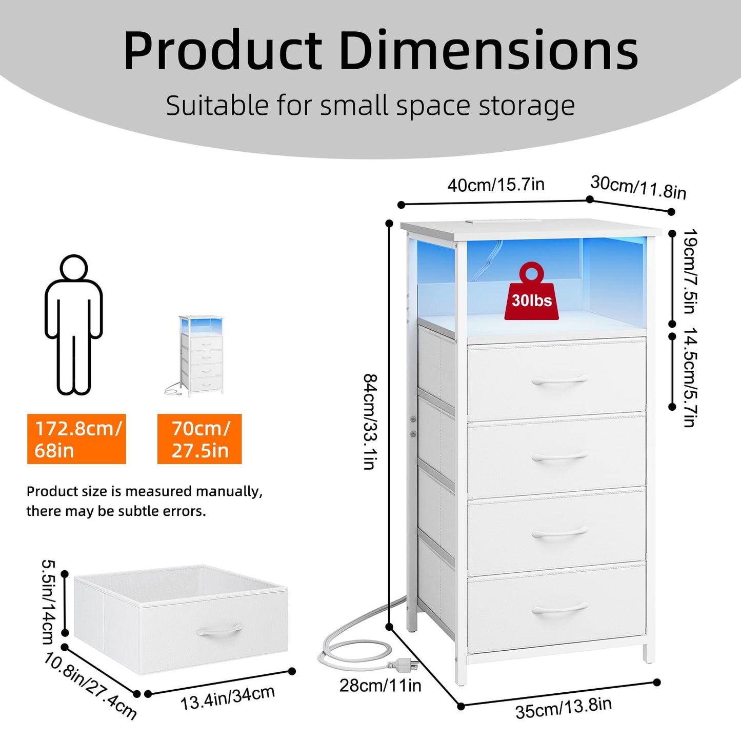 Fairy Nightstand Set of 2, 4 Drawer Night Stand with Charging Station, LED Bedside Table, Storage Side Table for Bedroom, White
