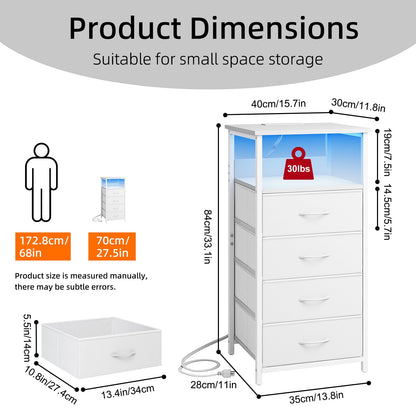 Fairy Nightstand Set of 2, 4 Drawer Night Stand with Charging Station, LED Bedside Table, Storage Side Table for Bedroom, White