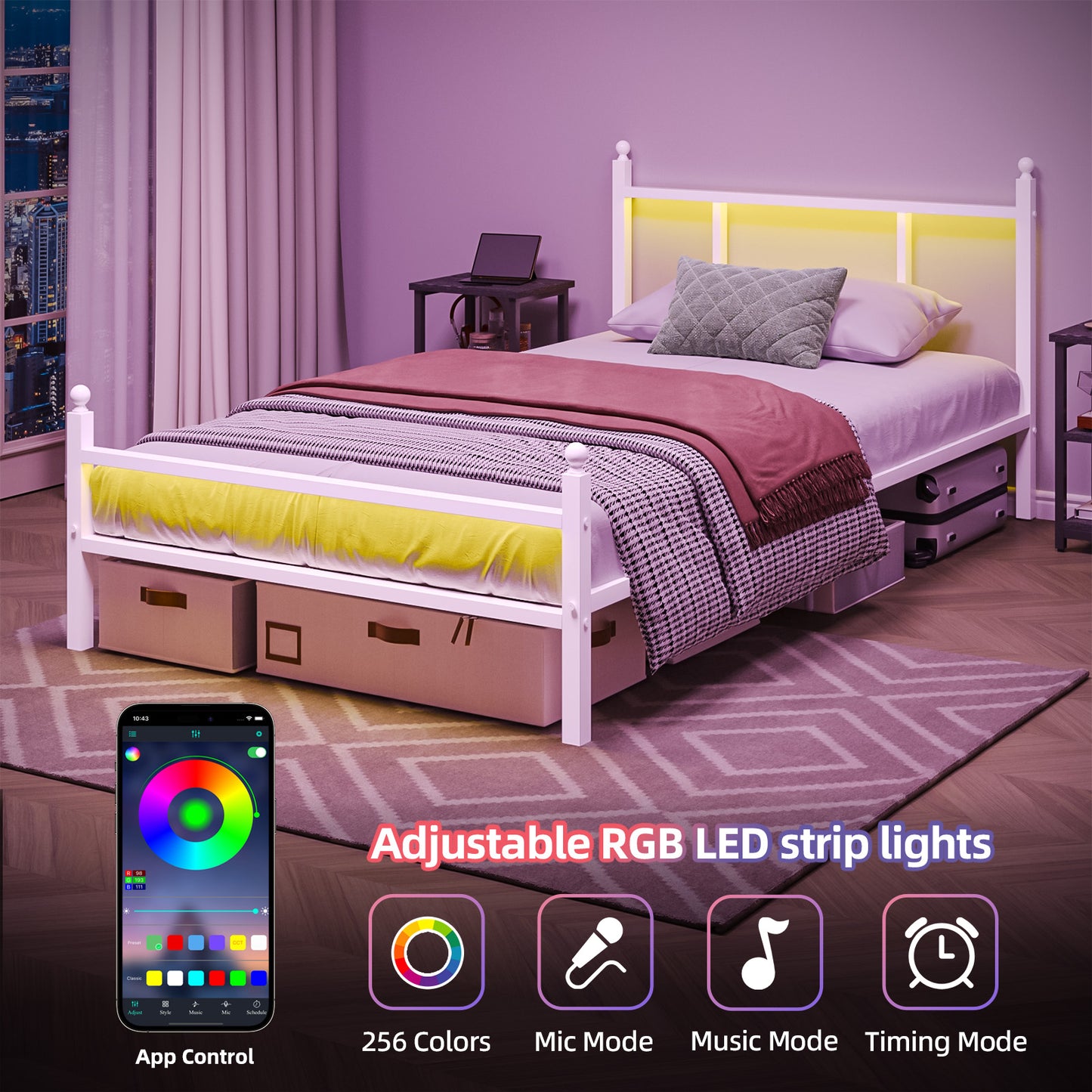 Tomnk woo Twin Bed Frame with LED Lights, Charging Station, Metal Slats, Sturdy & Modern Design, White