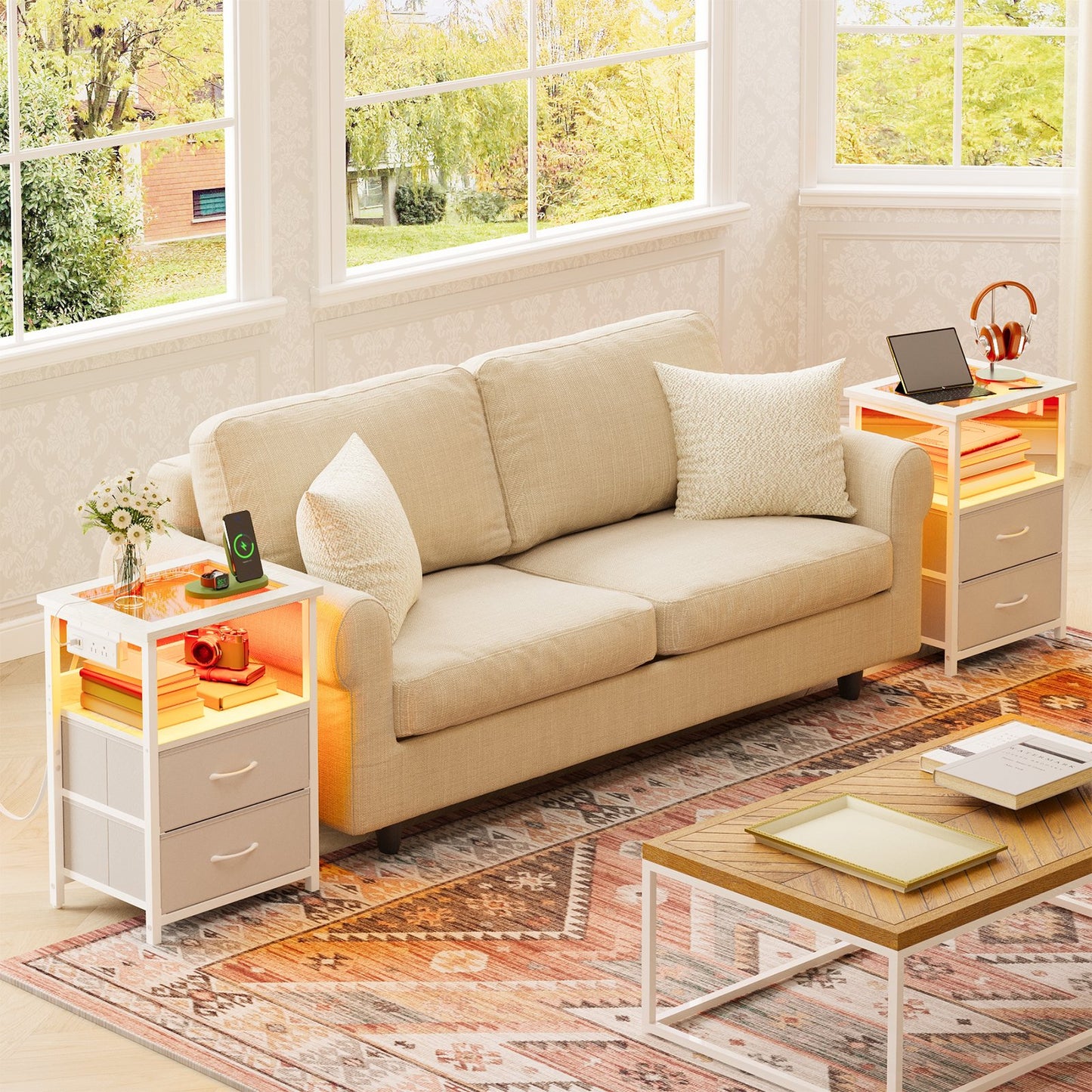 TOMNK Nightstand with LED Lights & Charging Station, Side Table with Tempered Glass Top, USB Ports & Outlets, Fabric Drawers for Bedroom/Living Room, White