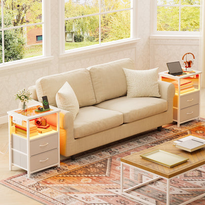 TOMNK Nightstand with LED Lights & Charging Station, Side Table with Tempered Glass Top, USB Ports & Outlets, Fabric Drawers for Bedroom/Living Room, White