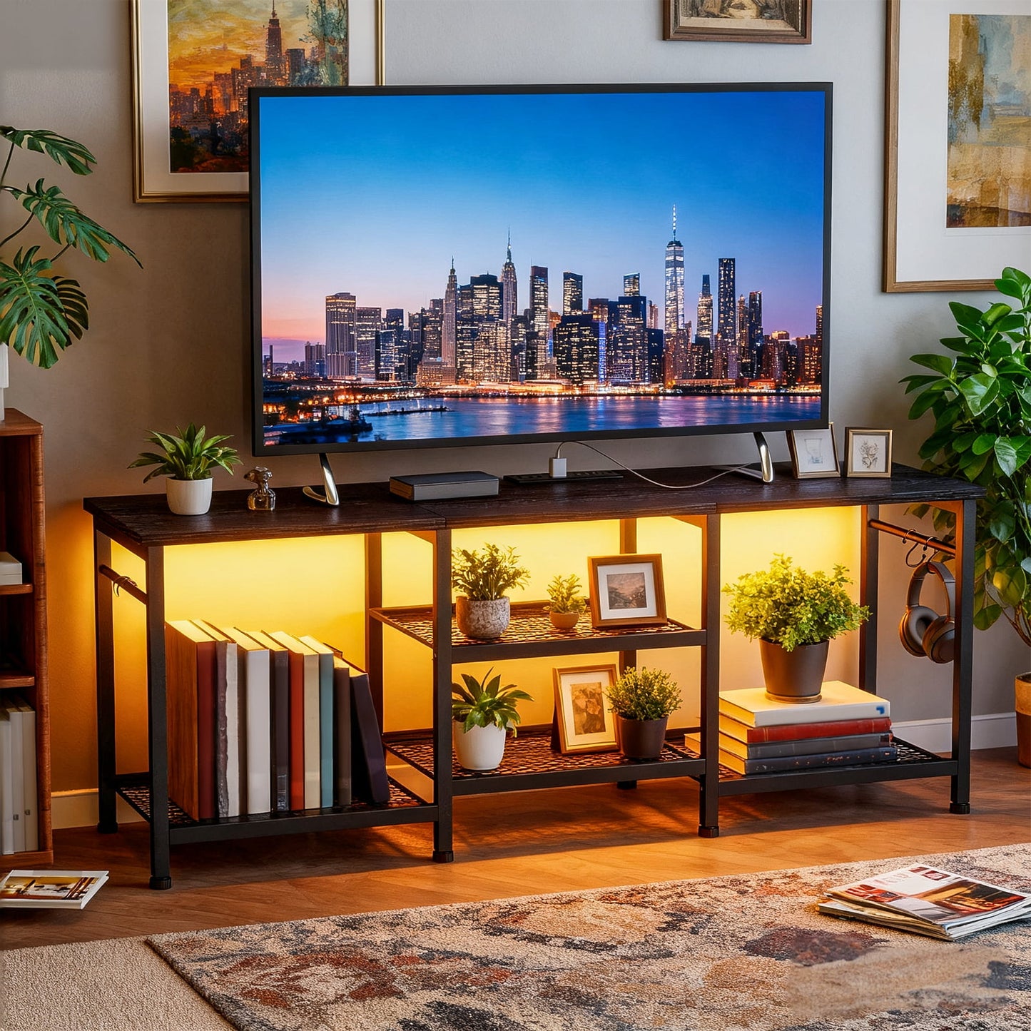 Tomnk TV Stand for 55in TV, Entertainment Center for Living Room Bedroom, with Charging Station and Lights (Black)