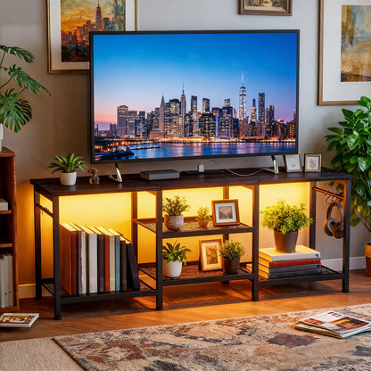 Tomnk TV Stand for 55in TV, Entertainment Center for Living Room Bedroom, with Charging Station and Lights (Black)