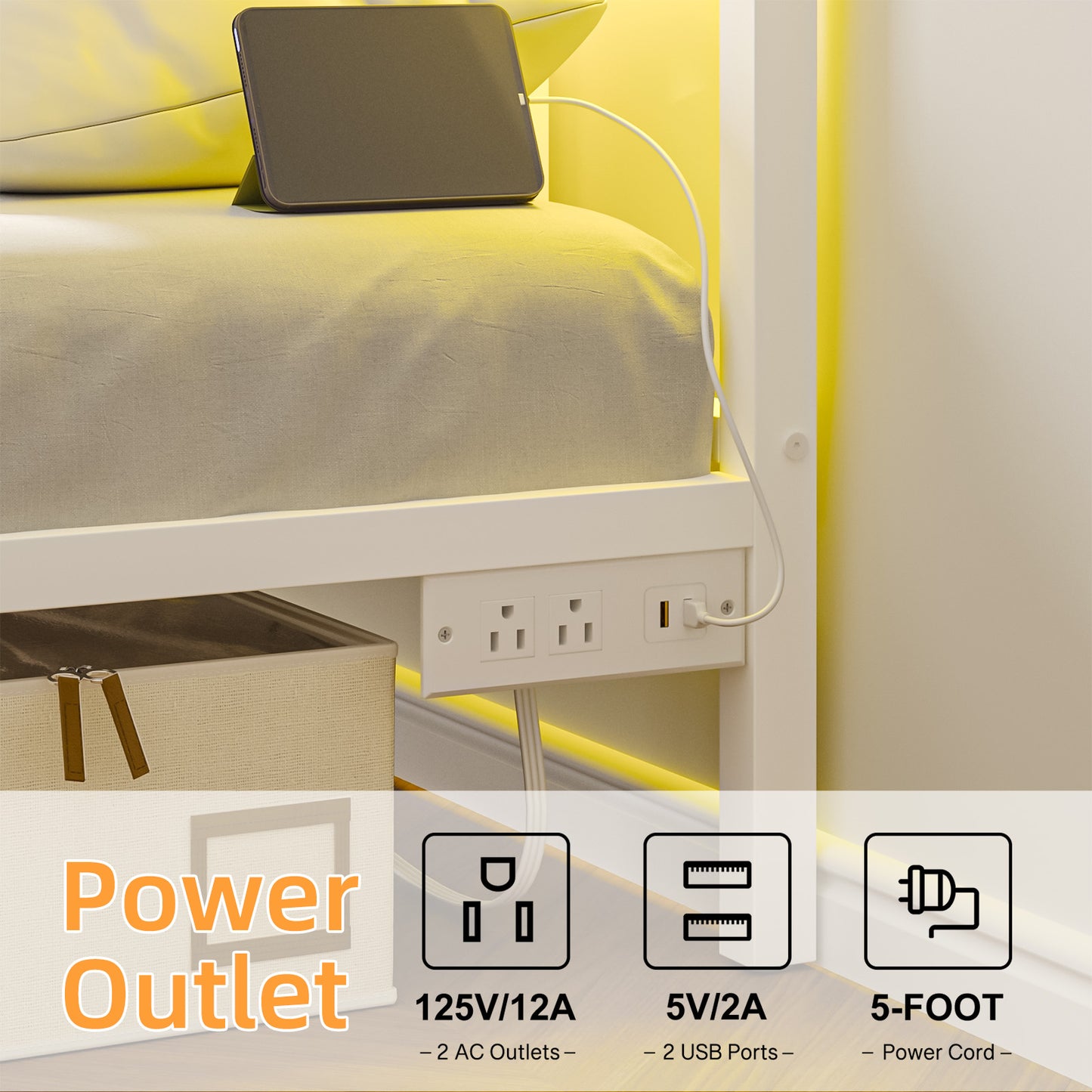 Tomnk woo Twin Bed Frame with LED Lights, Charging Station, Metal Slats, Sturdy & Modern Design, White