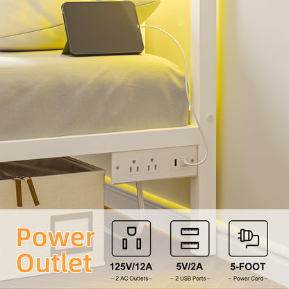Tomnk woo Twin Bed Frame with LED Lights, Charging Station, Metal Slats, Sturdy & Modern Design, White