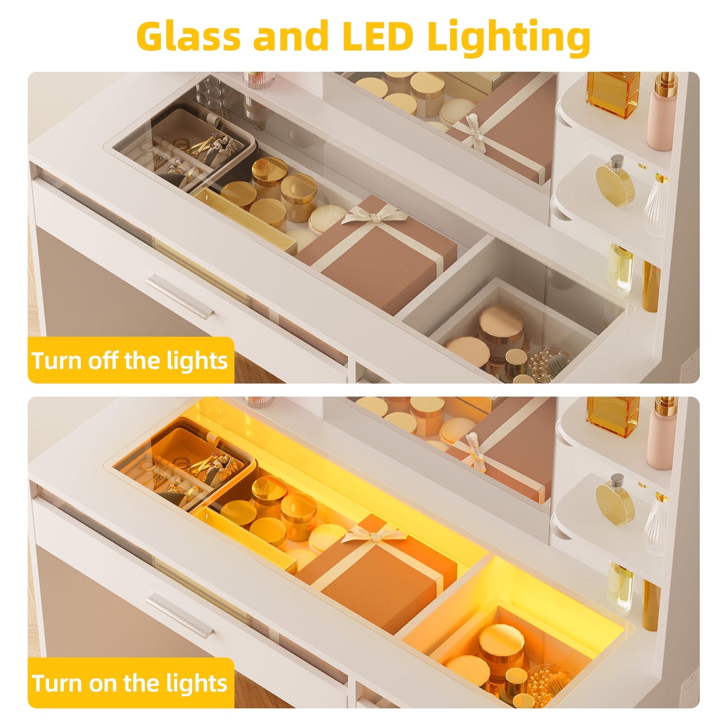 Tomnk woo White Vanity Desk with Mirror & Lights, Power Outlet, 3 Colors, 2 RGB Drawers, 6 Shelves