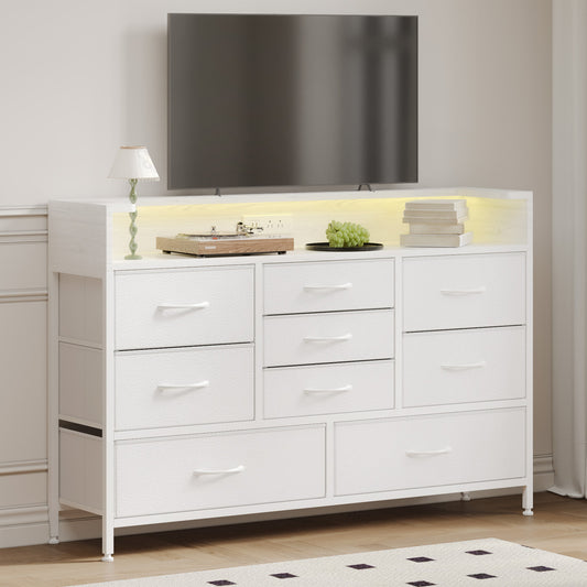 Tomnk woo White LED Dresser with 9 Drawers, Charging Station, PU Fabric Finish for Living Room, Hallway