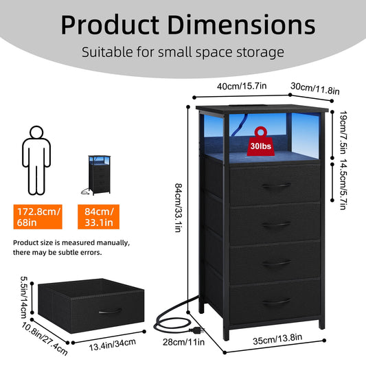 Fairy Nightstand with Charging Station and LED Light, Side Table with 4 Fabric Drawers, Bedside End Table, Night Stand for Bedroom, Black