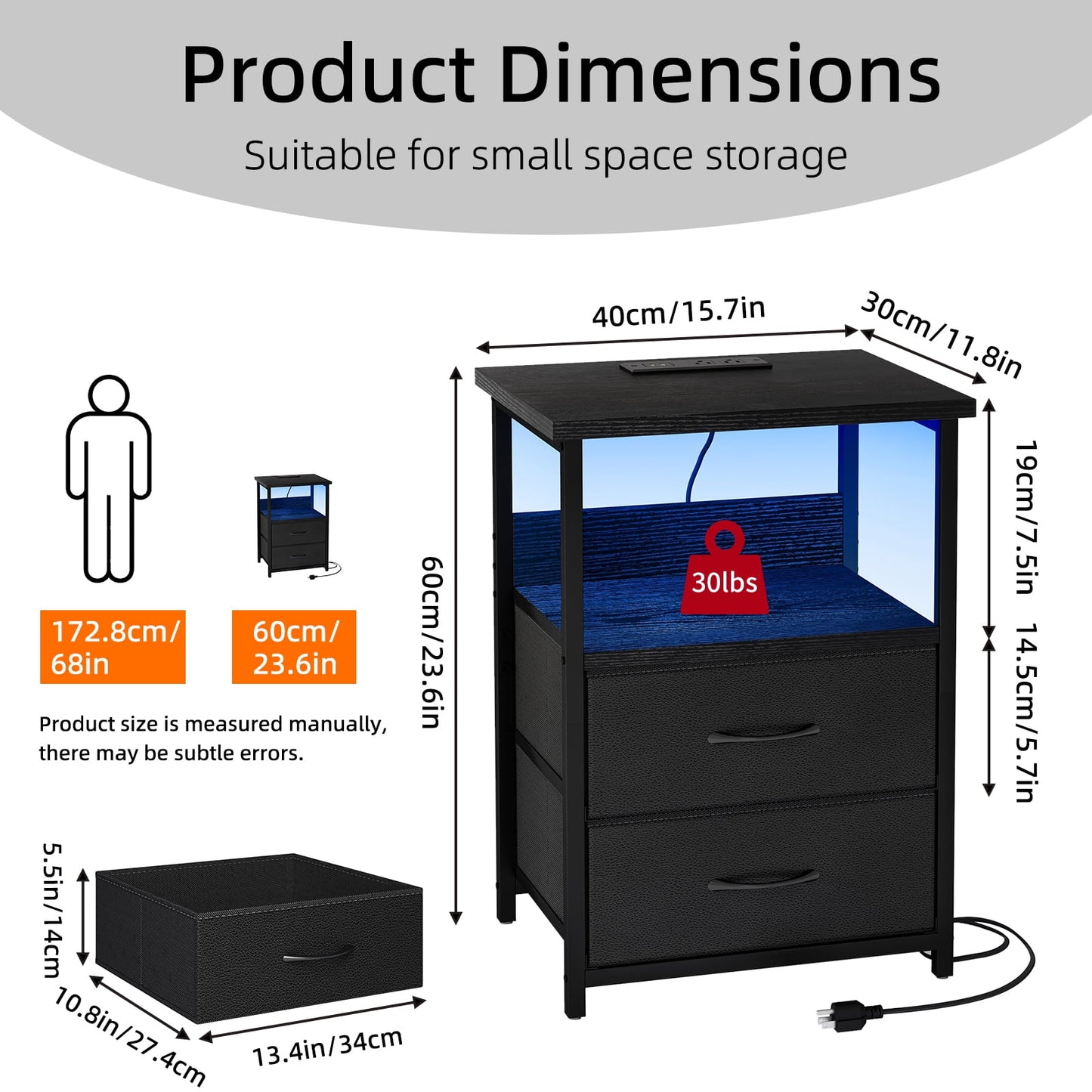 Fairy Night Stands Set of 2 with Charging Station, Bed Side Table, LED Nightstand with 2 Fabric Drawers, Black