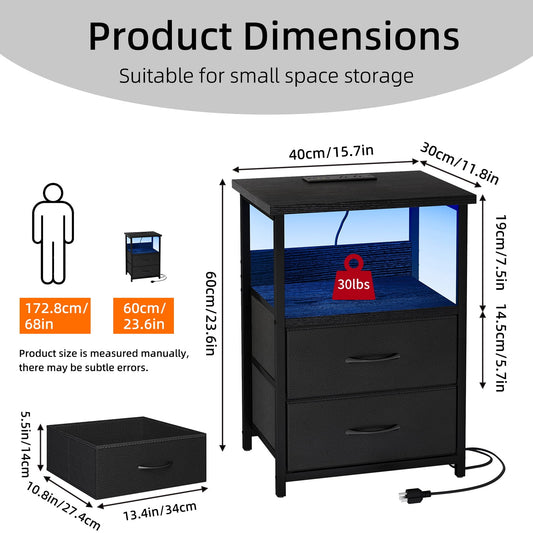 Fairy Night Stand with Charging Station, Bed Side Table, Nightstand with 2 Fabric Storage Drawers, Black