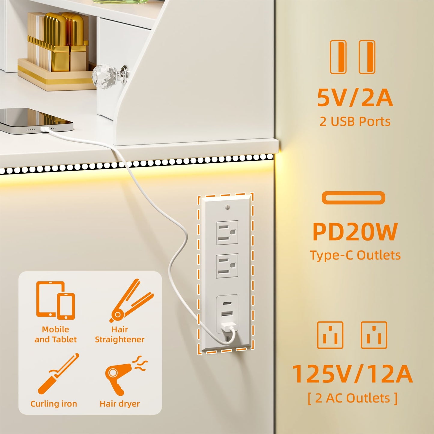 Tomnk woo 42" Vanity Desk with LED Mirror, RGB Lights, 7 Drawers, 2 Cabinets, Adjustable Brightness, White