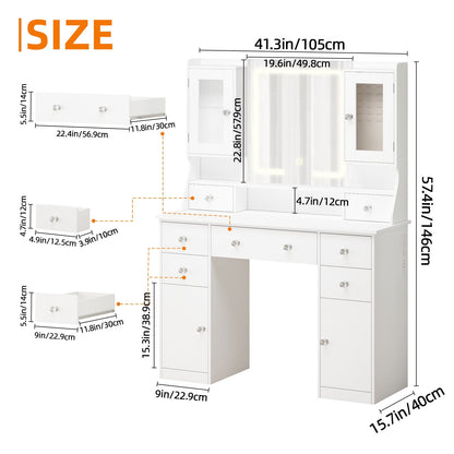 Tomnk woo 42" Vanity Desk with LED Mirror, RGB Lights, 7 Drawers, 2 Cabinets, Adjustable Brightness, White