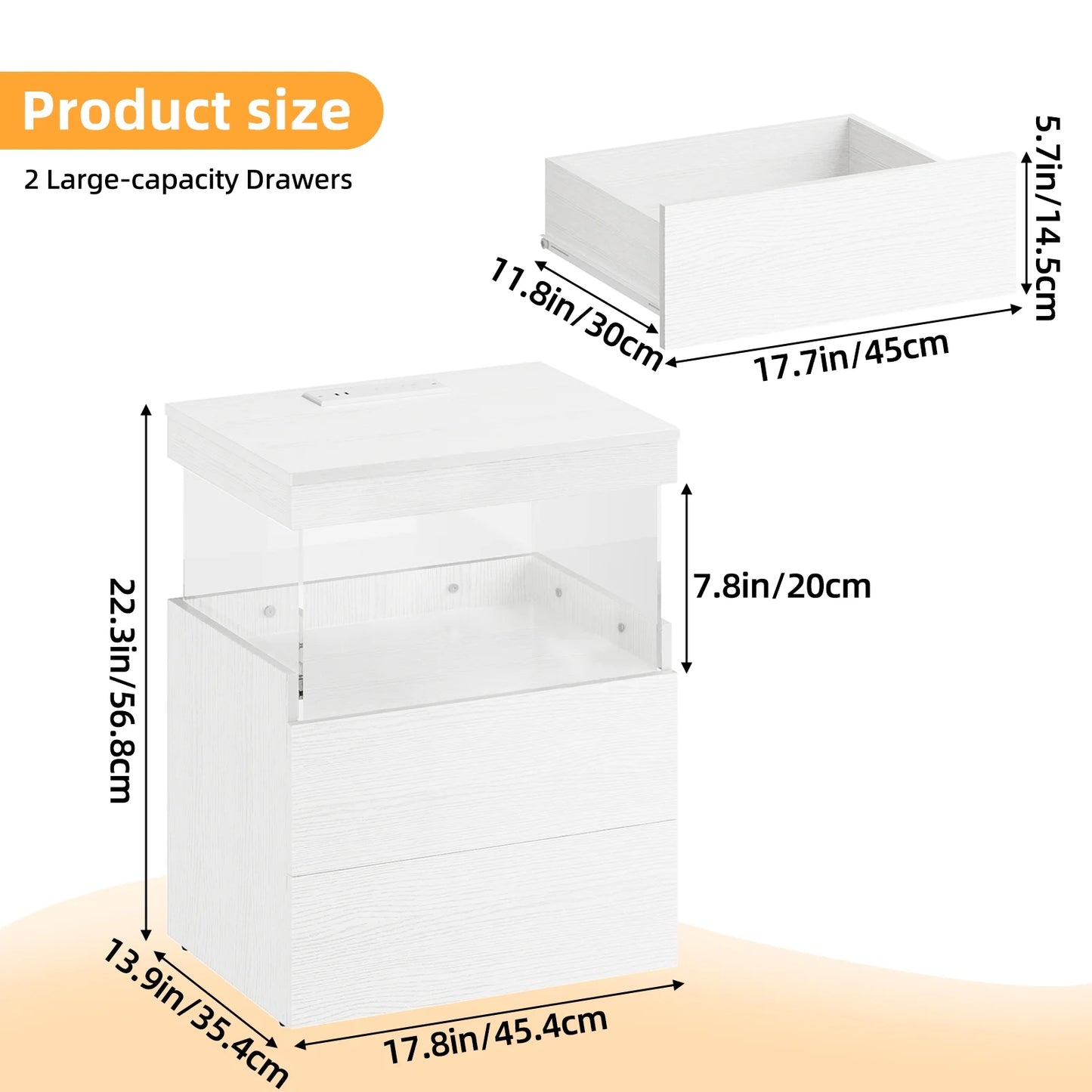 TOOMNK White Nightstand with Charging Station, Bedside Table for Bedroom, LED Nightstand, Modern Night Stand with Drawers, White