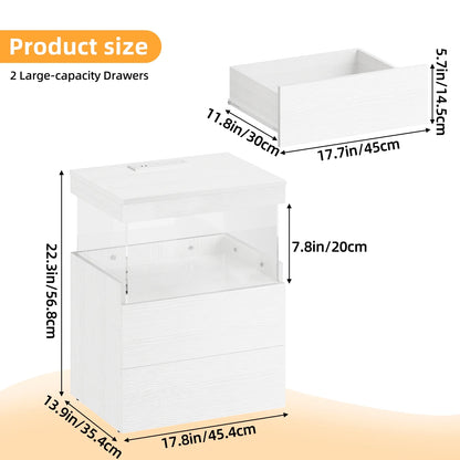 TOOMNK White Nightstand with Charging Station, Bedside Table for Bedroom, LED Nightstand, Modern Night Stand with Drawers, White