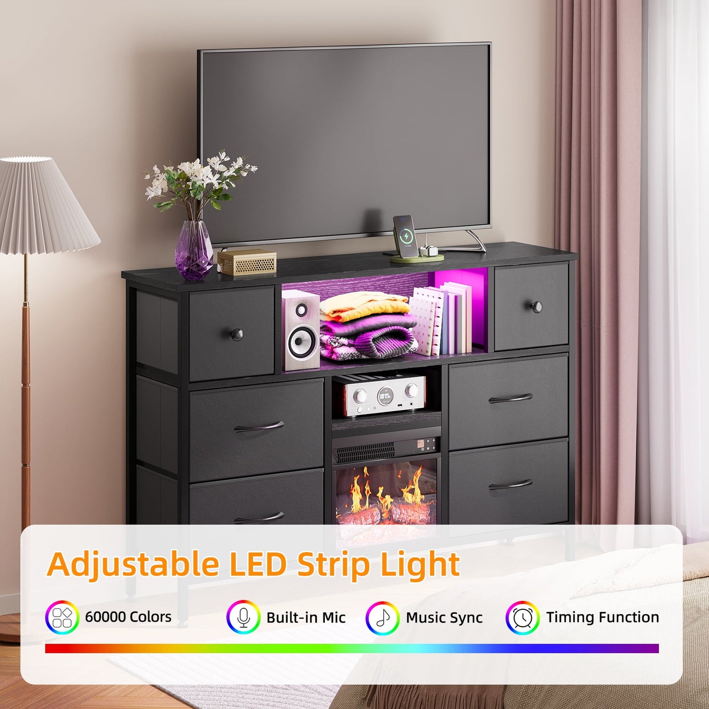 TOMNK 43" Modern Fireplace TV Stand with 13" Electric Fireplace for TVs Up to 66 inch, Luxury LED Light Entertainment Center with High Gloss Cabinet, TV Consoles for Living Room, Black