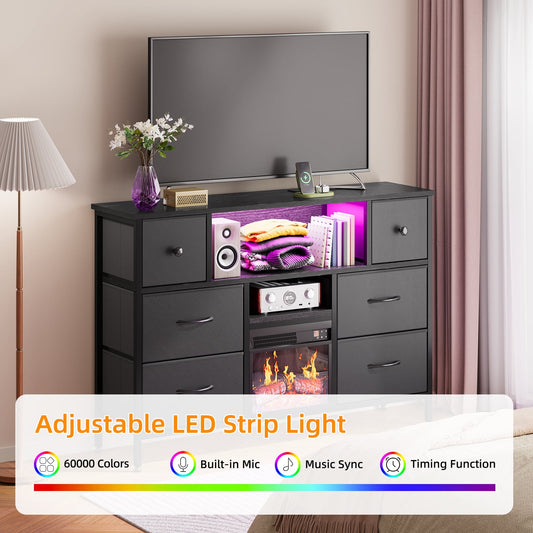 TOMNK 43" Modern Fireplace TV Stand with 13" Electric Fireplace for TVs Up to 66 inch, Luxury LED Light Entertainment Center with High Gloss Cabinet, TV Consoles for Living Room, Black