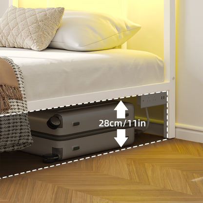 Tomnk woo Twin Bed Frame with LED Lights, Charging Station, Metal Slats, Sturdy & Modern Design, White