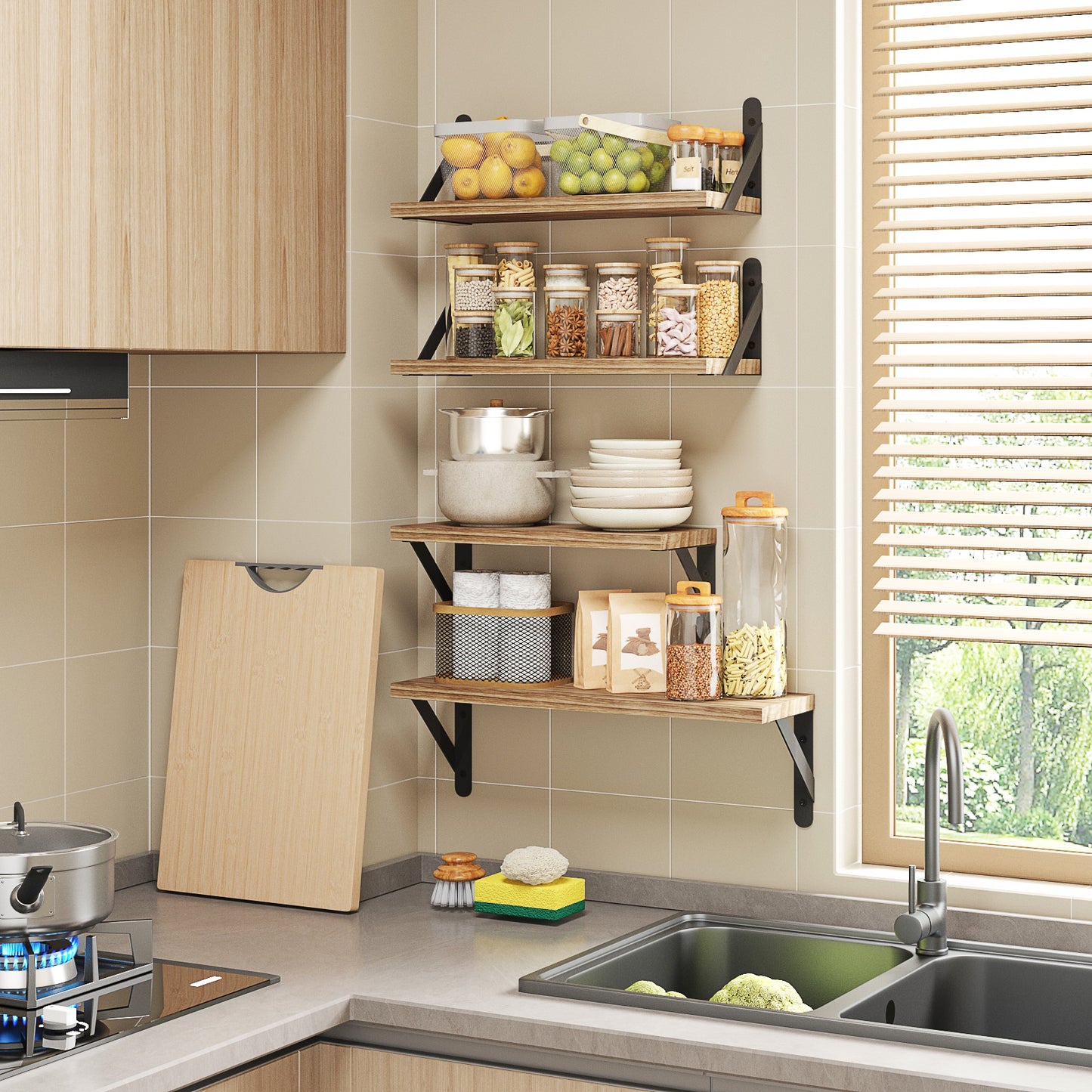 Tomnk Woo Floating Shelves for Wall Set of 4 in Light Carbonized Brown, Large