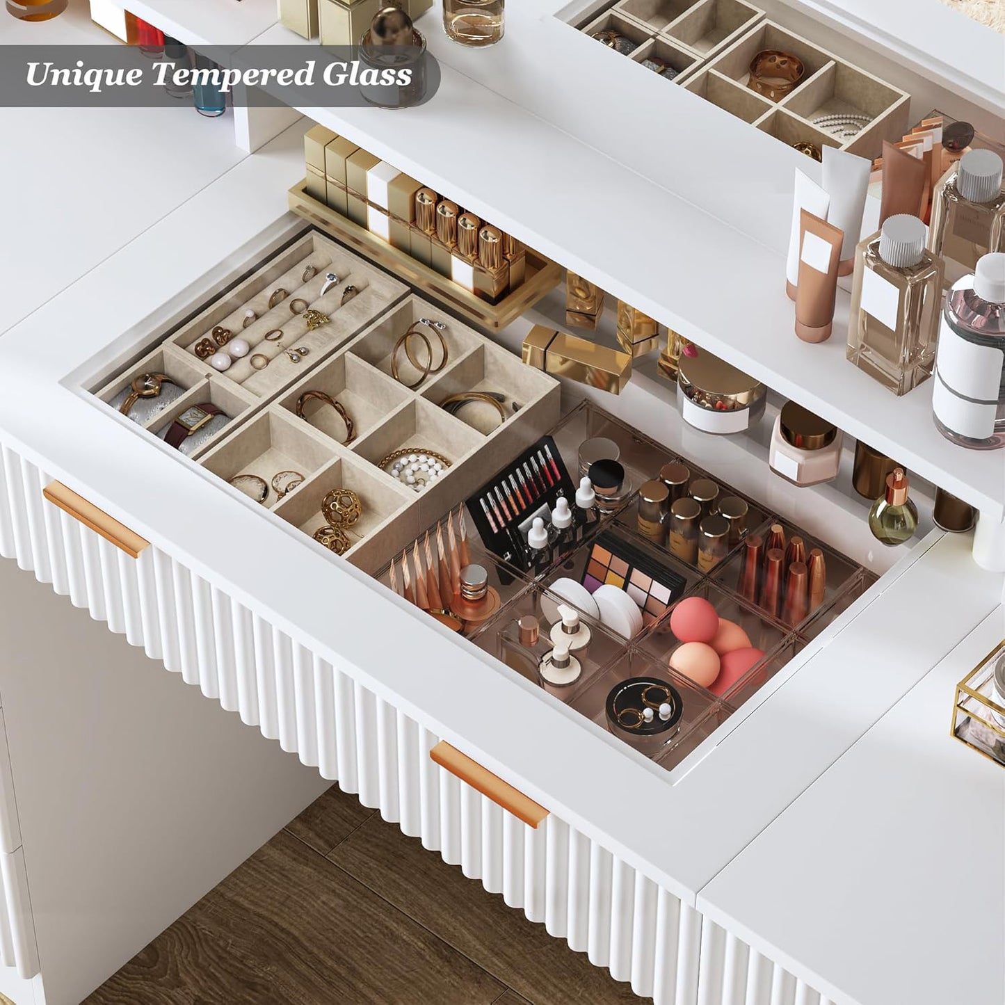 Tomnk 46in White Vanity Desk, Glass Top, Large Mirror, 9 Drawers, Lights, Power Outlet, Adjustable Brightness