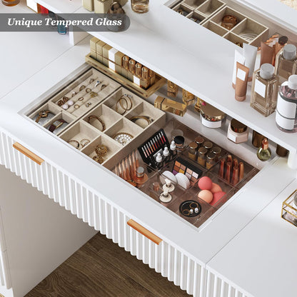 Tomnk 46in White Vanity Desk, Glass Top, Large Mirror, 9 Drawers, Lights, Power Outlet, Adjustable Brightness