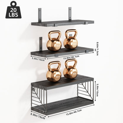 Tomnk 4 Tier Floating Shelves 15.8in Black Wall Mounted Shelf with Metal Basket for Bathroom Kitchen