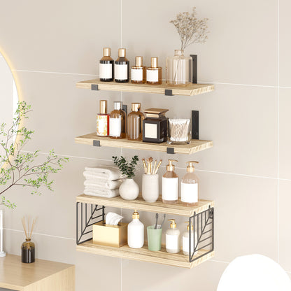 Tomnk Bathroom Floating Shelves, 4 Tiers 15.8in Light Wood Wall Shelves with Metal Basket for Bathroom, Kitchen, Living Room, Natural Finish