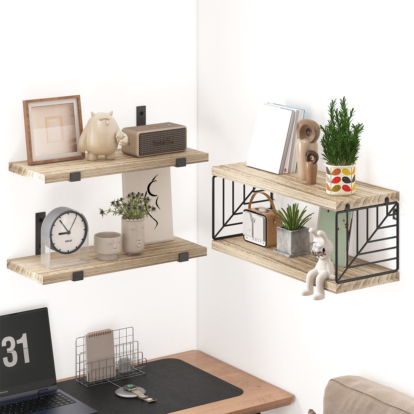 Tomnk Bathroom Floating Shelves, 4 Tiers 15.8in Light Wood Wall Shelves with Metal Basket for Bathroom, Kitchen, Living Room, Natural Finish