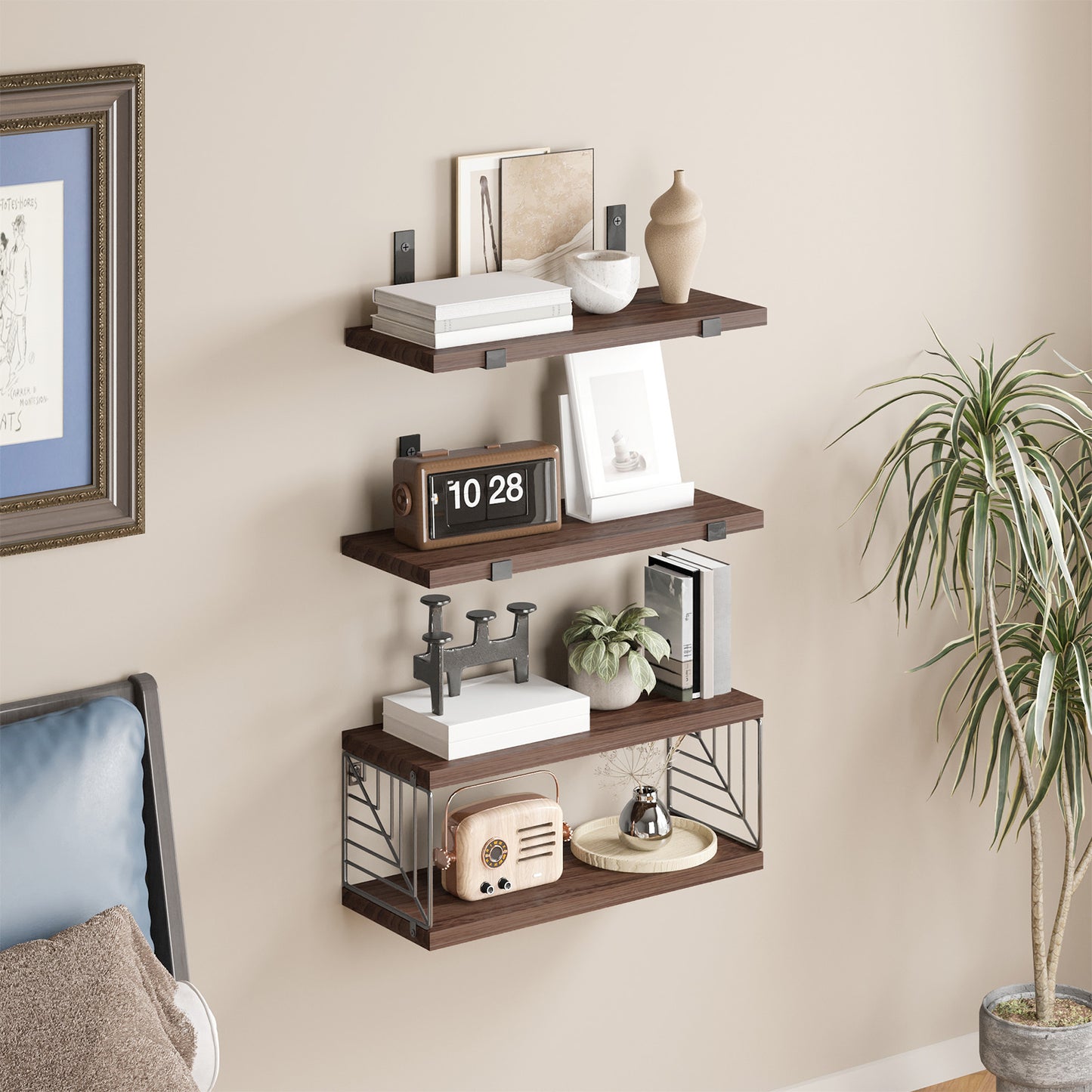 Tomnk 4 Tier Floating Shelves 15.8in Rustic Brown Wood Wall Shelf with Metal Basket for Bathroom Kitchen
