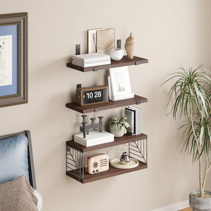 Tomnk 4 Tier Floating Shelves 15.8in Rustic Brown Wood Wall Shelf with Metal Basket for Bathroom Kitchen