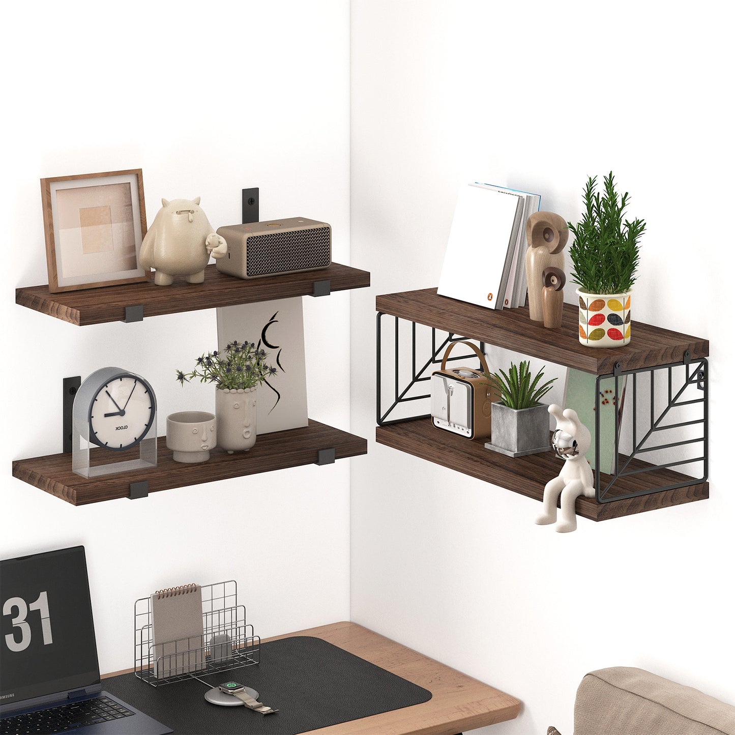 Tomnk 4 Tier Floating Shelves 15.8in Rustic Brown Wood Wall Shelf with Metal Basket for Bathroom Kitchen
