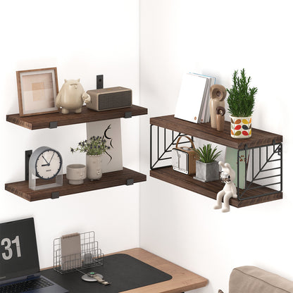 Tomnk 4 Tier Floating Shelves 15.8in Rustic Brown Wood Wall Shelf with Metal Basket for Bathroom Kitchen