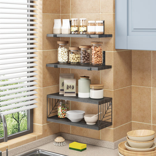 Tomnk 4 Tier Floating Shelves 15.8in Black Wall Mounted Shelf with Metal Basket for Bathroom Kitchen