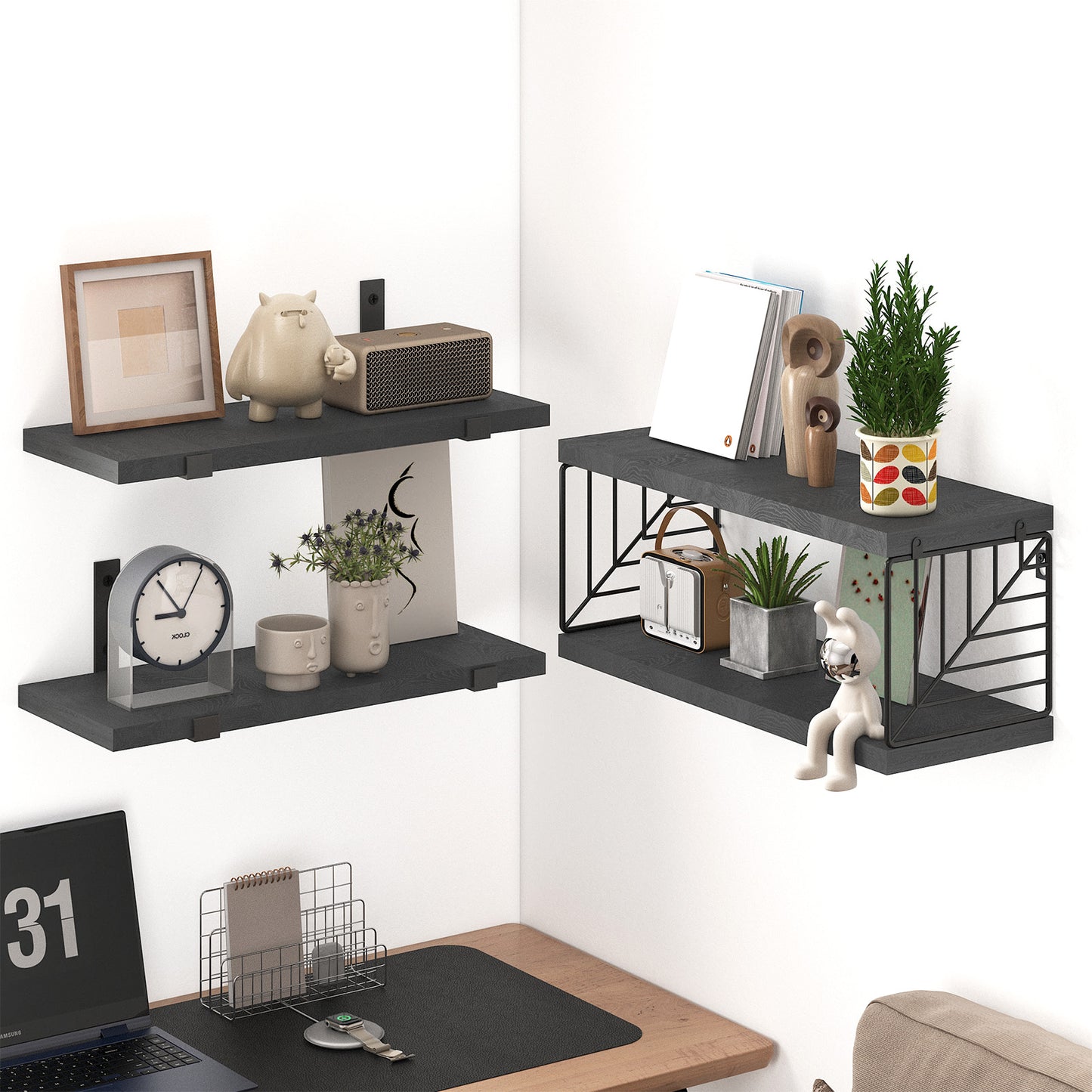 Tomnk 4 Tier Floating Shelves 15.8in Black Wall Mounted Shelf with Metal Basket for Bathroom Kitchen