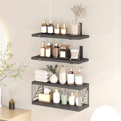 Tomnk 4 Tier Floating Shelves 15.8in Black Wall Mounted Shelf with Metal Basket for Bathroom Kitchen