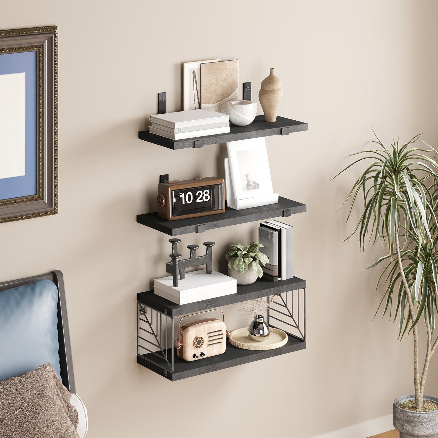 Tomnk 4 Tier Floating Shelves 15.8in Black Wall Mounted Shelf with Metal Basket for Bathroom Kitchen