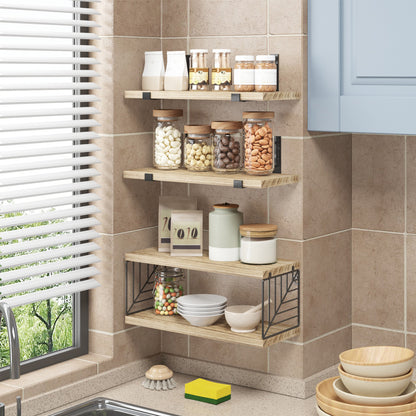 Tomnk Bathroom Floating Shelves, 4 Tiers 15.8in Light Wood Wall Shelves with Metal Basket for Bathroom, Kitchen, Living Room, Natural Finish