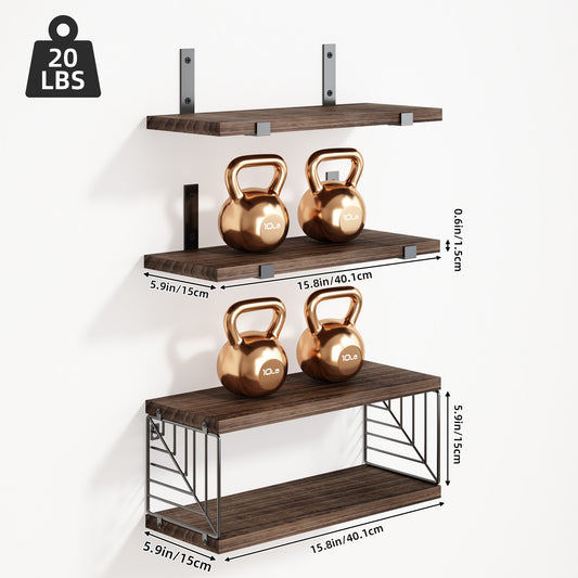 Tomnk 4 Tier Floating Shelves 15.8in Rustic Brown Wood Wall Shelf with Metal Basket for Bathroom Kitchen