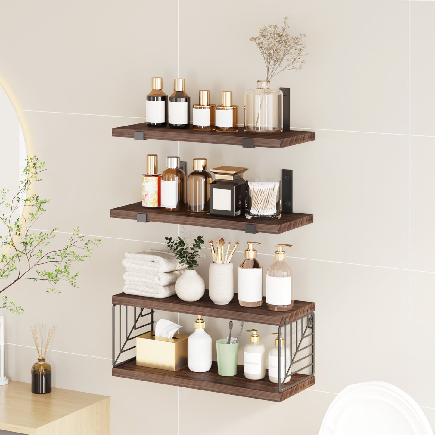Tomnk 4 Tier Floating Shelves 15.8in Rustic Brown Wood Wall Shelf with Metal Basket for Bathroom Kitchen