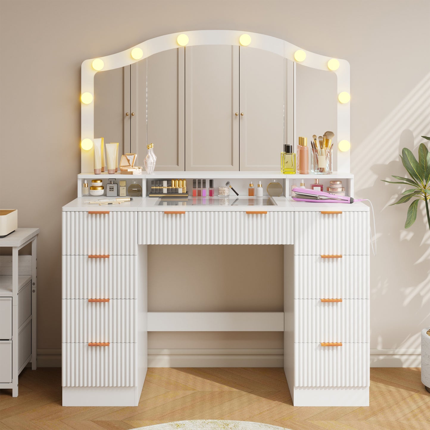 Tomnk 46in White Vanity Desk, Glass Top, Large Mirror, 9 Drawers, Lights, Power Outlet, Adjustable Brightness