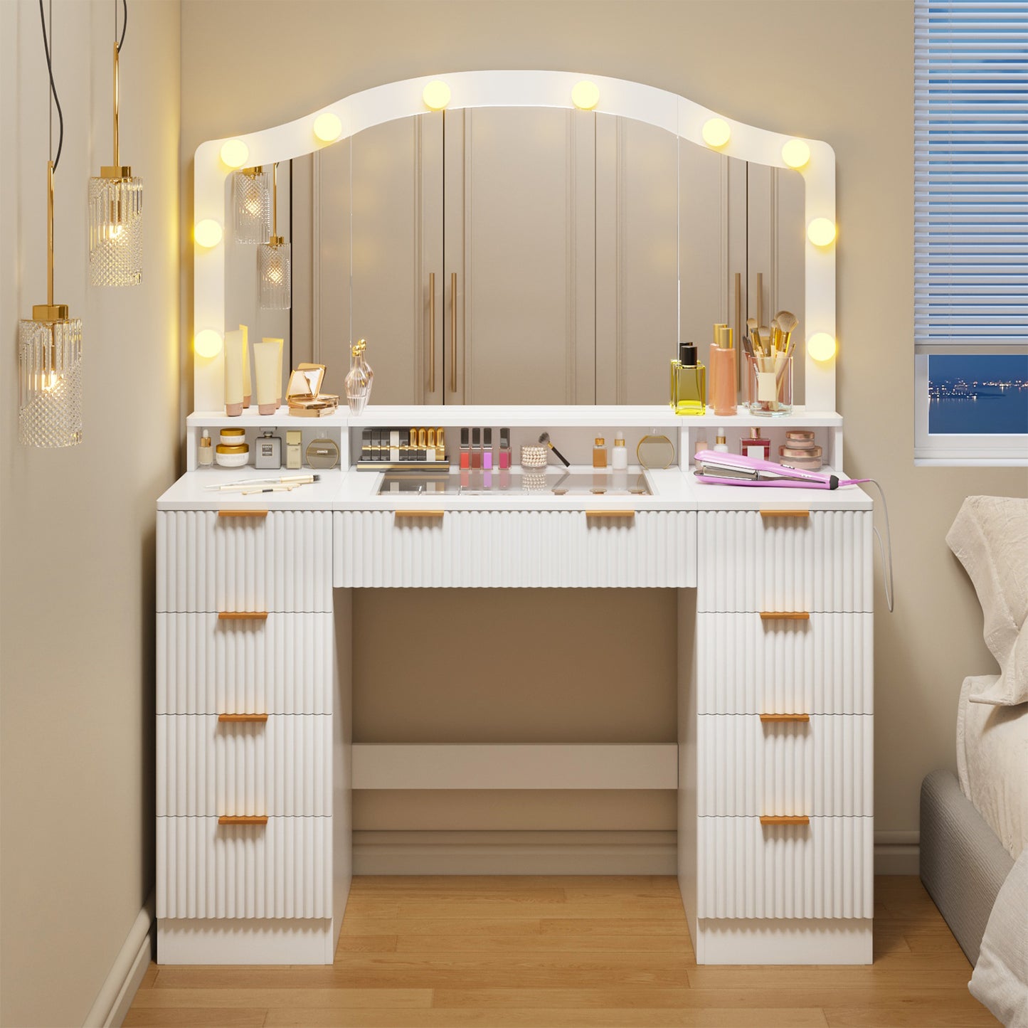 Tomnk 46in White Vanity Desk, Glass Top, Large Mirror, 9 Drawers, Lights, Power Outlet, Adjustable Brightness