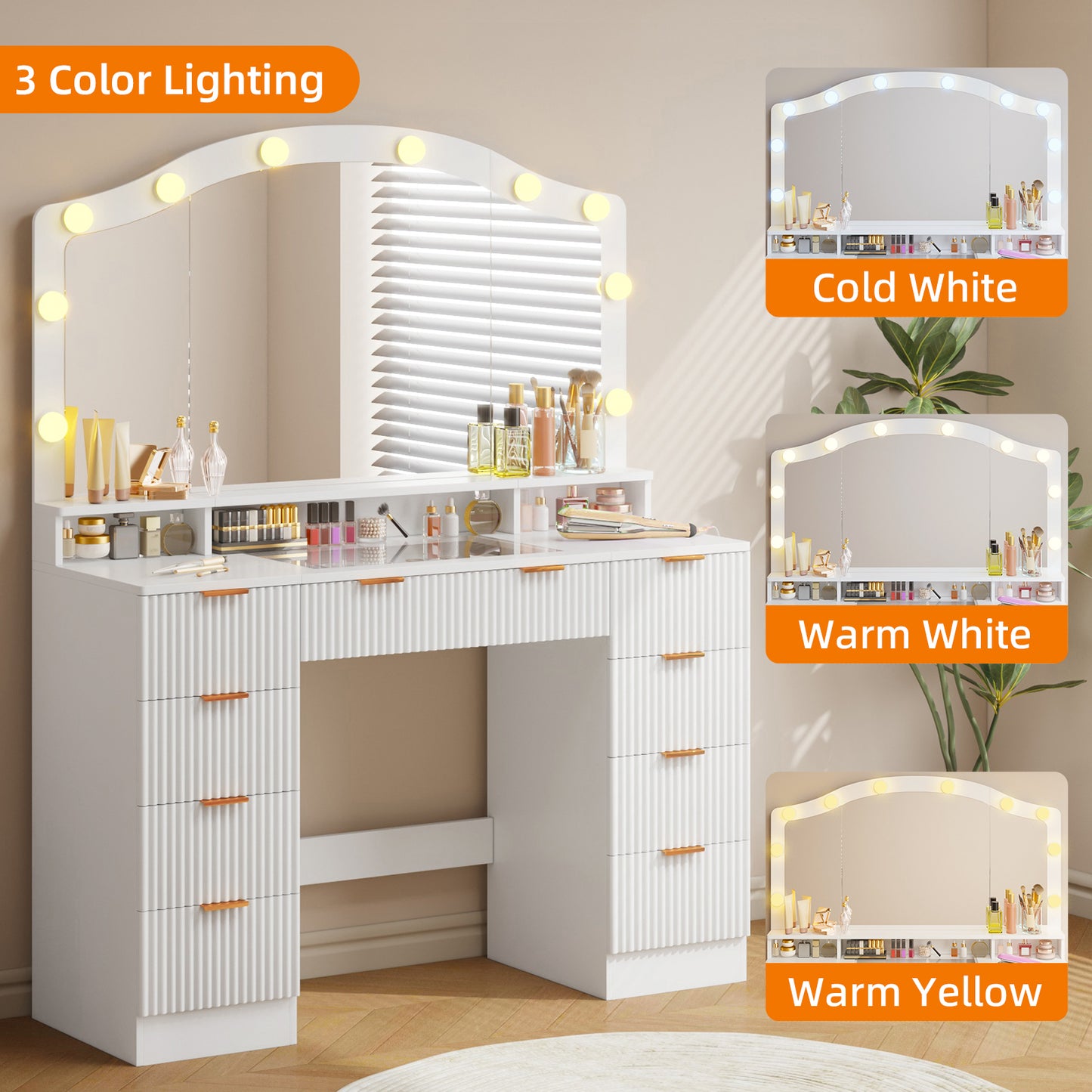 Tomnk 46in White Vanity Desk, Glass Top, Large Mirror, 9 Drawers, Lights, Power Outlet, Adjustable Brightness