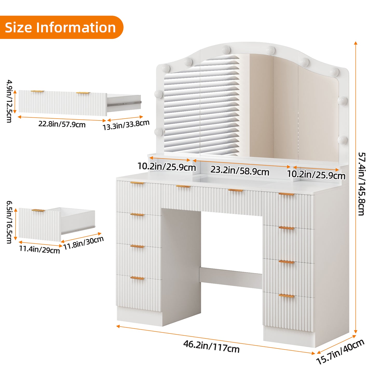 Tomnk 46in White Vanity Desk, Glass Top, Large Mirror, 9 Drawers, Lights, Power Outlet, Adjustable Brightness