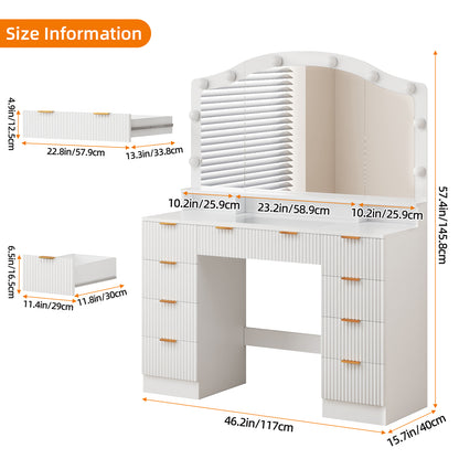 Tomnk 46in White Vanity Desk, Glass Top, Large Mirror, 9 Drawers, Lights, Power Outlet, Adjustable Brightness