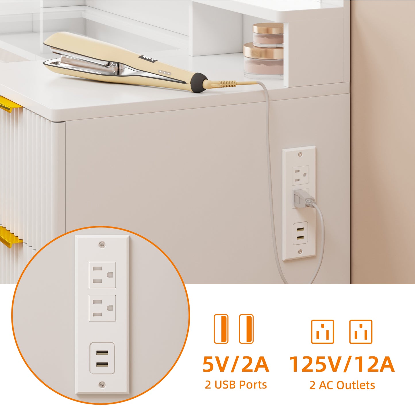 Tomnk 46in White Vanity Desk, Glass Top, Large Mirror, 9 Drawers, Lights, Power Outlet, Adjustable Brightness