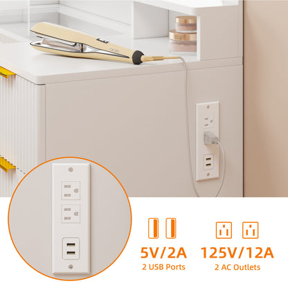 Tomnk 46in White Vanity Desk, Glass Top, Large Mirror, 9 Drawers, Lights, Power Outlet, Adjustable Brightness