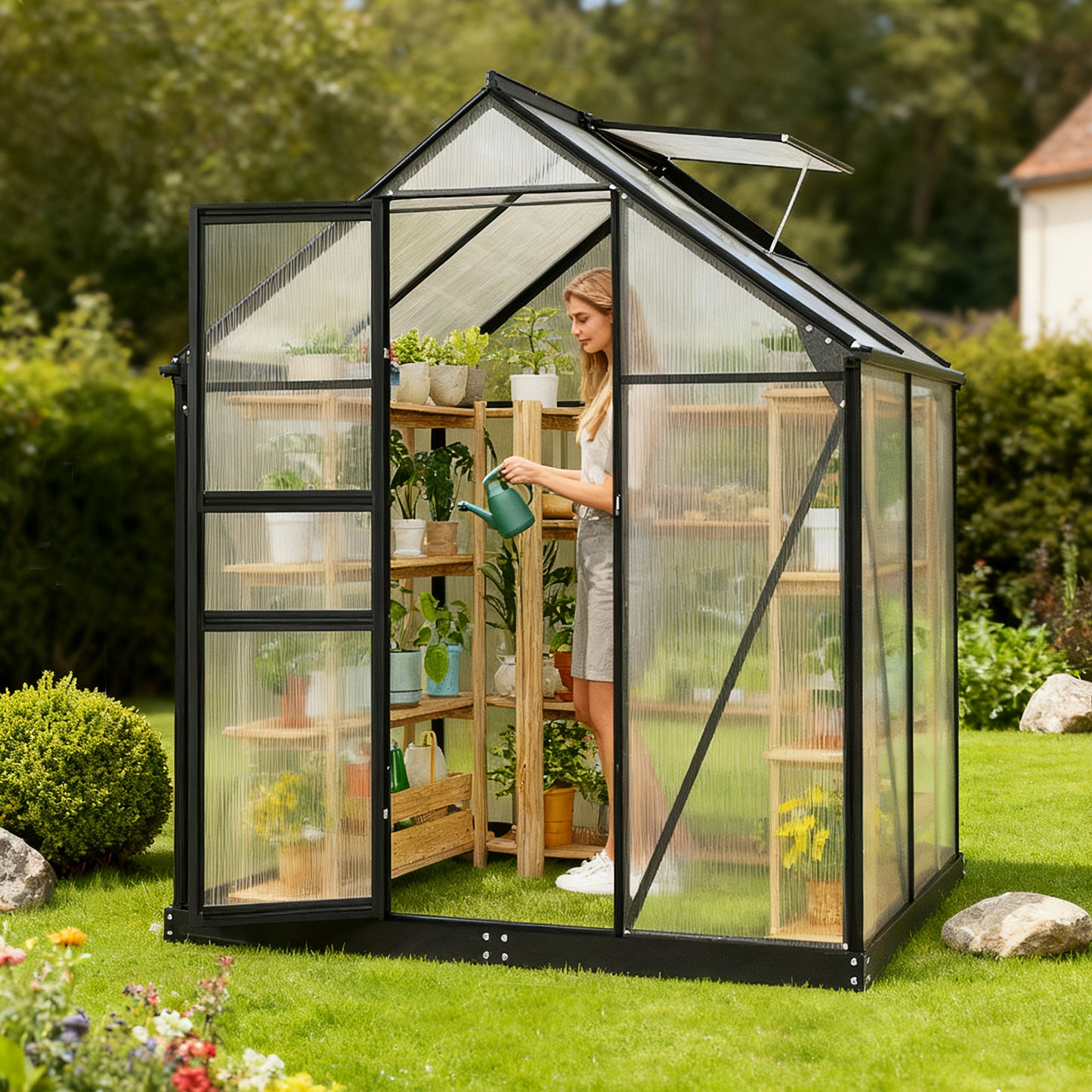 Tomnk woo 6x4 FT Polycarbonate Greenhouse with Roof Vent, Walk-in Aluminum Frame Winter Greenhouse for Outdoor Garden