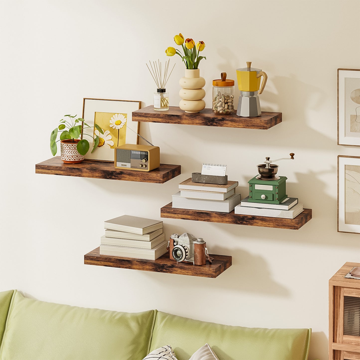 Tomnk 15.8" Floating Wall Shelves, Rustic Brown Wood Wall Shelf Set of 4, Invisible Brackets for Bathroom, Bedroom, Living Room, Kitchen