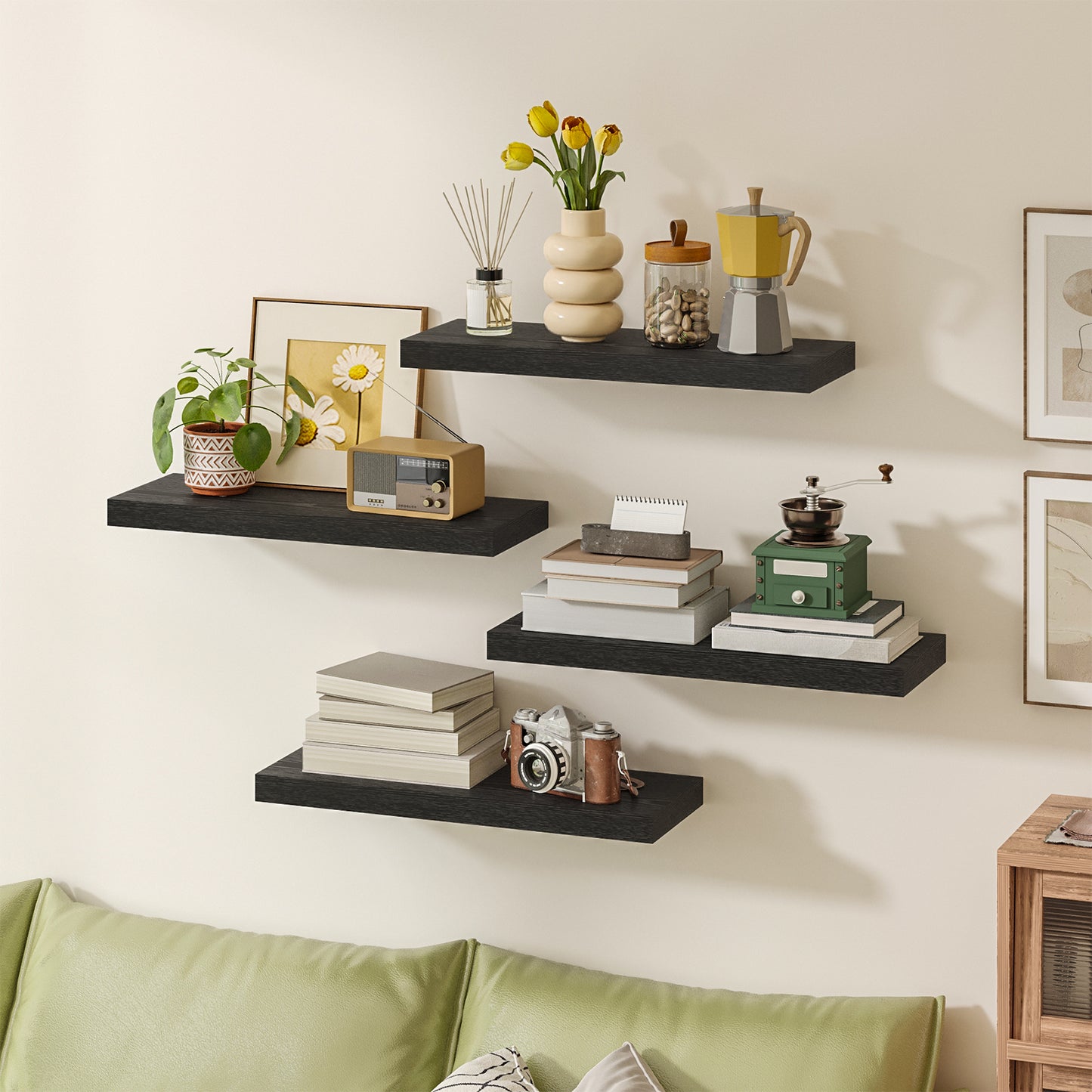 Tomnk 15.8" Floating Wall Shelves, Black Wall Shelf Set of 4, Modern Decorative Shelves with Hidden Brackets for Bedroom, Bathroom, Living Room