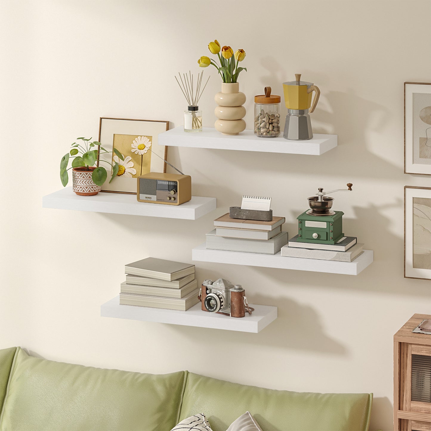 Tomnk 15.8" Floating Wall Shelves, White Wall Shelf Set of 4, Decorative Storage Shelves with Hidden Brackets for Bathroom, Bedroom, Kitchen