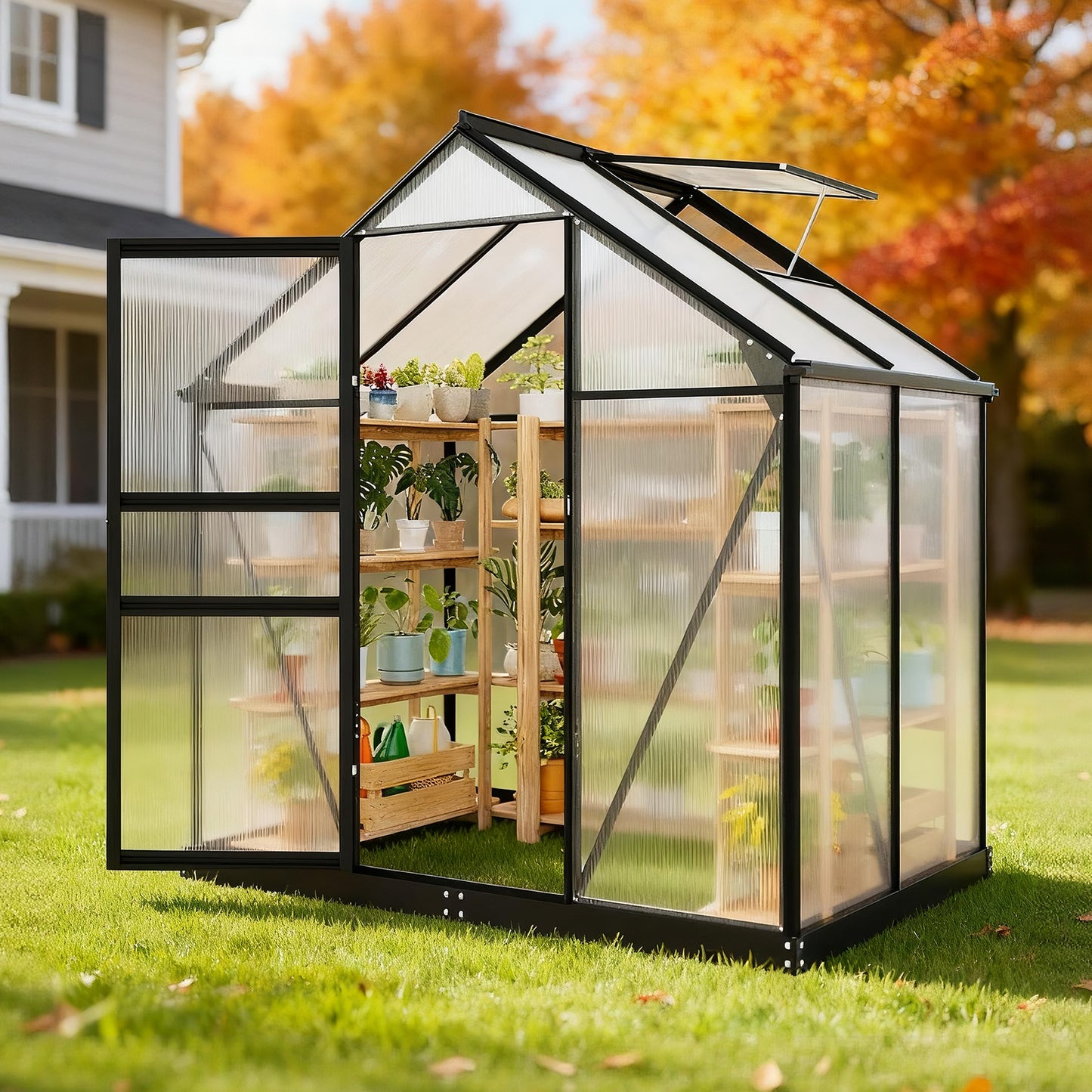 Tomnk woo 6x4 FT Polycarbonate Greenhouse with Roof Vent, Walk-in Aluminum Frame Winter Greenhouse for Outdoor Garden